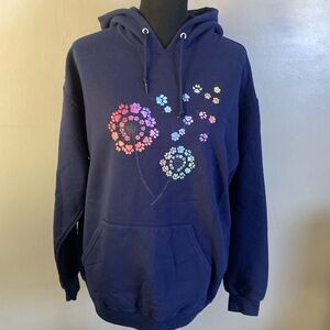 Dog Paw Print Dandelion Wishing Flowers Navy Blue Hoodie Sz L